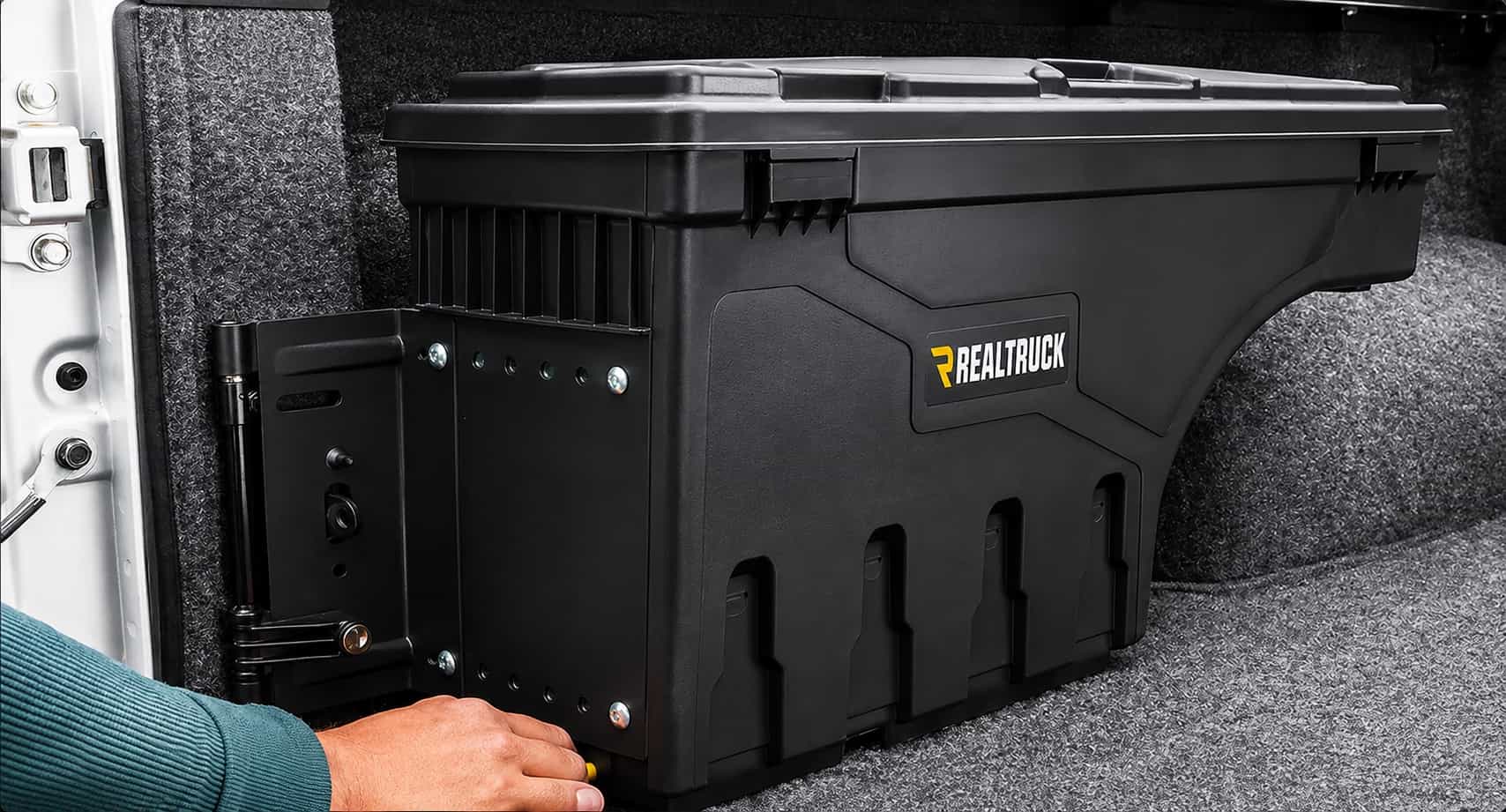 Swing Case storage box installed beside the wheel arch to maximise unused storage space in a ute tub.